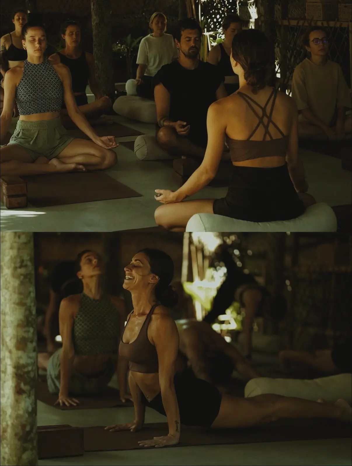Practitioners moving together in the shala