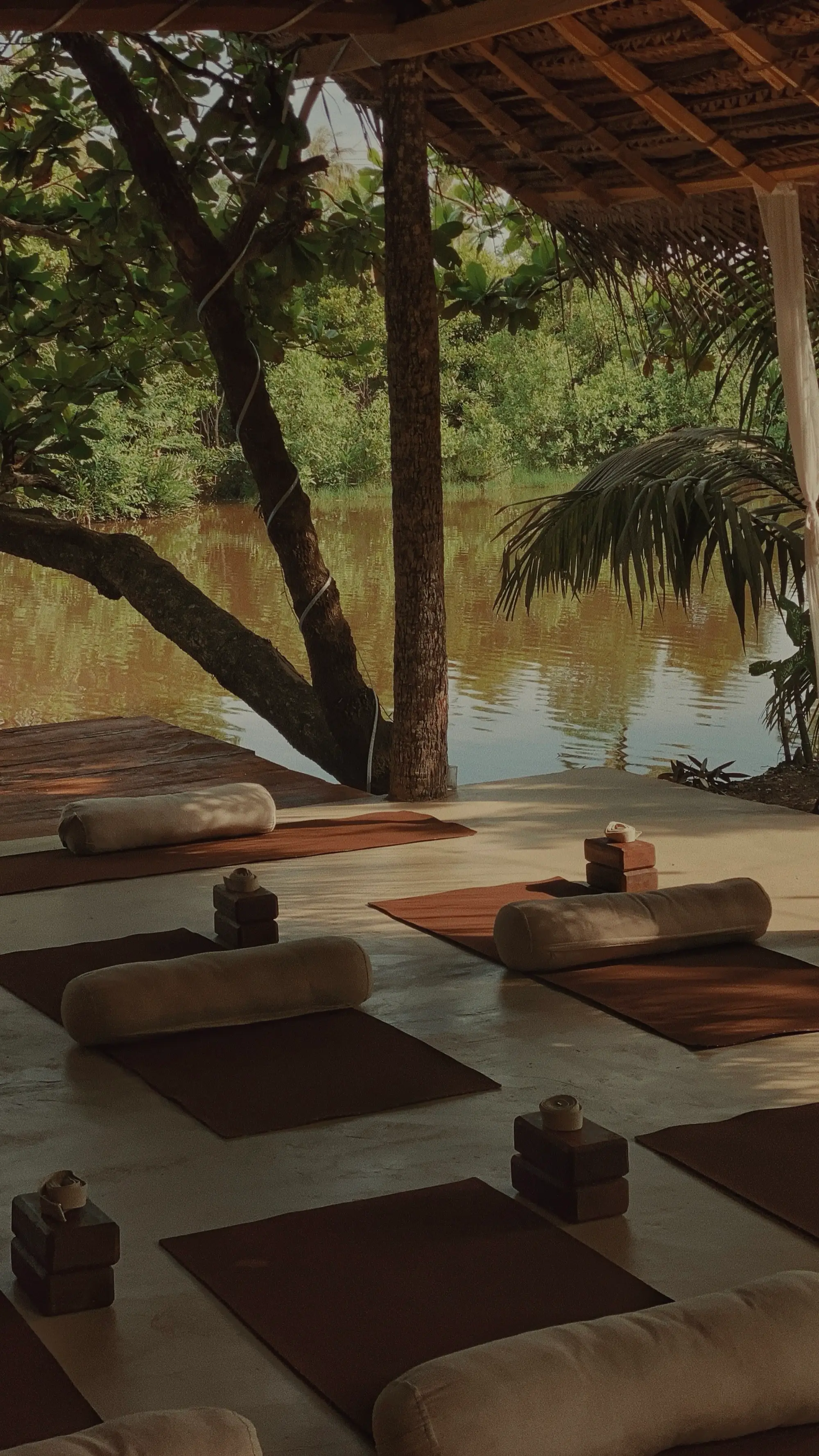 The open-air shala at Shramalaya, mats laid out beside the lagoon